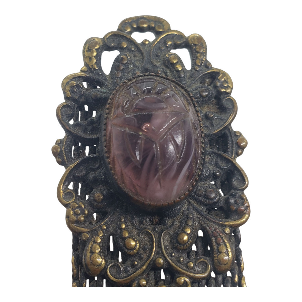 Victorian-style dress clip brooch mesh chain tassel Purple Amethyst Glass Scarab